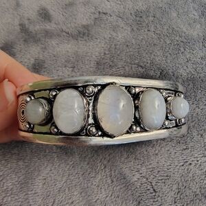 Silver Rainbow Moonstone Statement Bangle Cuff Bracelet